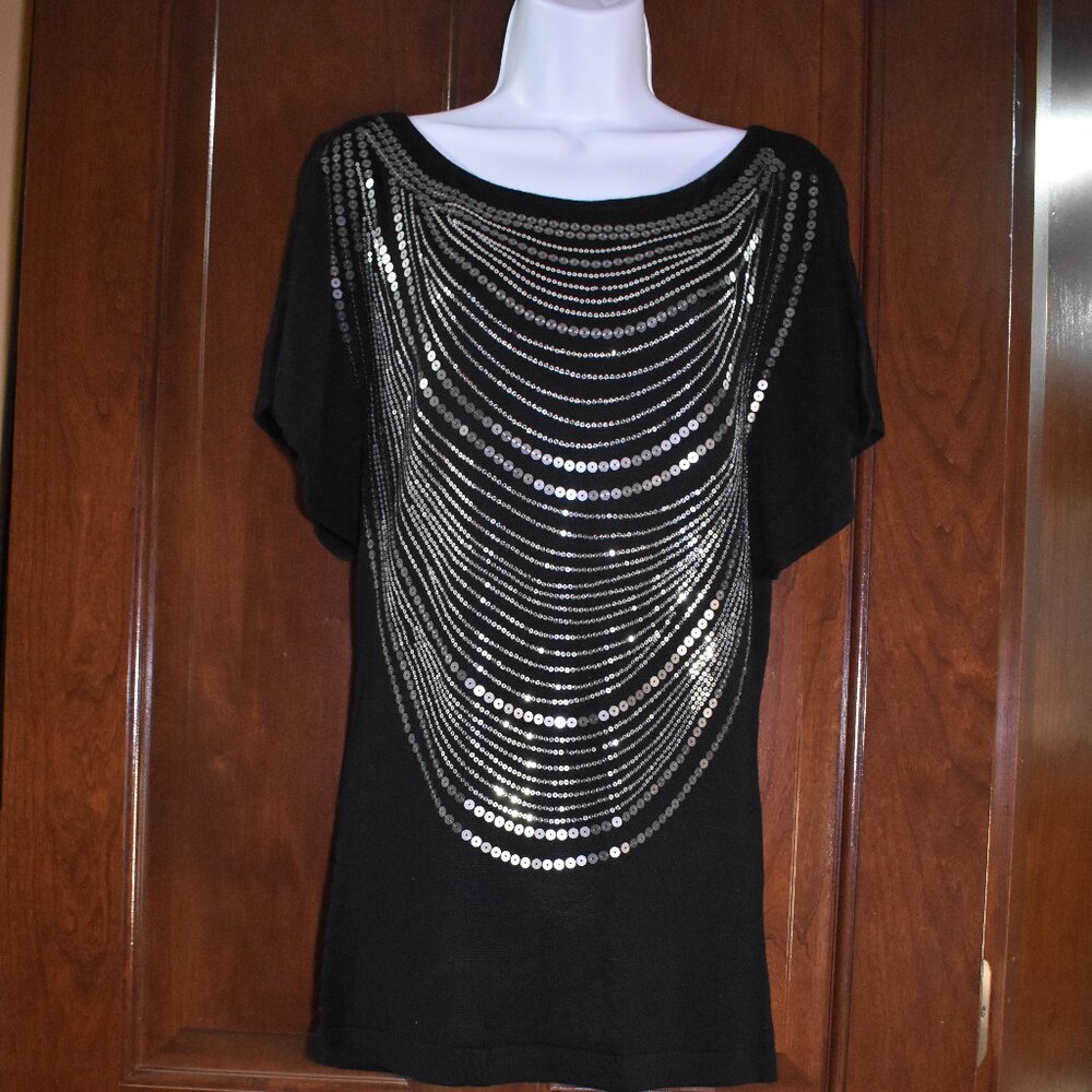 Cache Black Sequin Blouse Size M Embellished Spar… - image 2